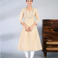 Laxmipati Jasmine Geometric Foil Print Viscose A Line Kurti with Embroidered Neckline in Cream Color