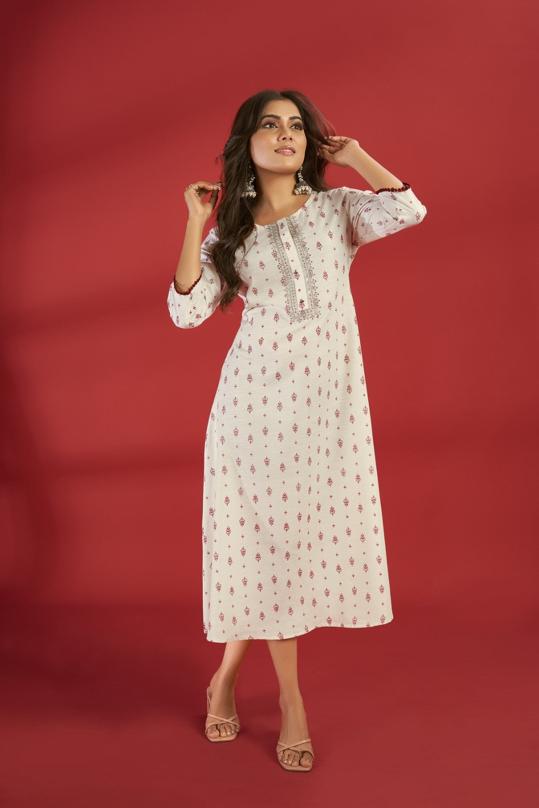 Laxmipati Aakriti - KT0074 Off-White Rayon Slub Printed A-Line Woman Kurta