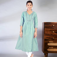 Laxmipati Jasmine Geometric Foil Print Viscose A Line Kurti with Embroidered Neckline in Green Color