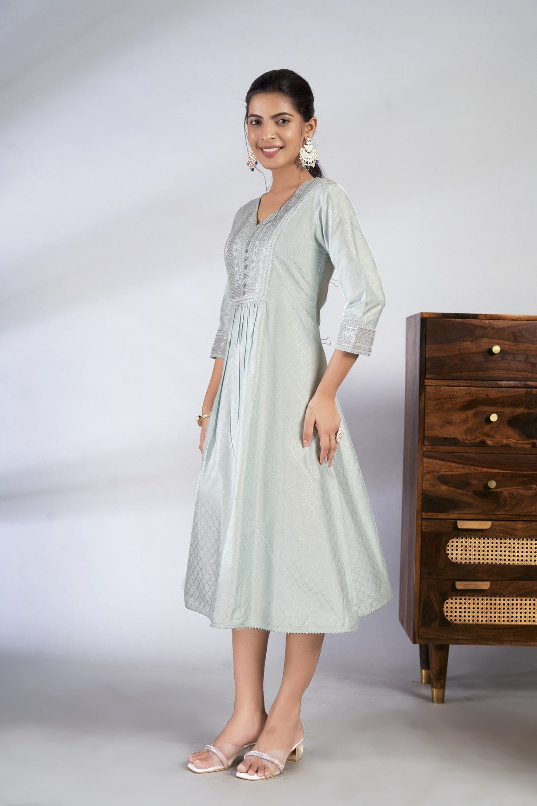 Laxmipati Reshami  - KT0090 Light Blue A-line Foil Print With Embroidered Viscose Woman Kurta