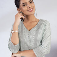 Laxmipati Reshami  - KT0090 Light Blue A-line Foil Print With Embroidered Viscose Woman Kurta