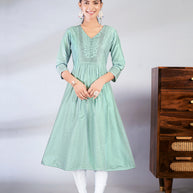 Laxmipati Jasmine Geometric Foil Print Viscose A Line Kurti with Embroidered Neckline in Green Color