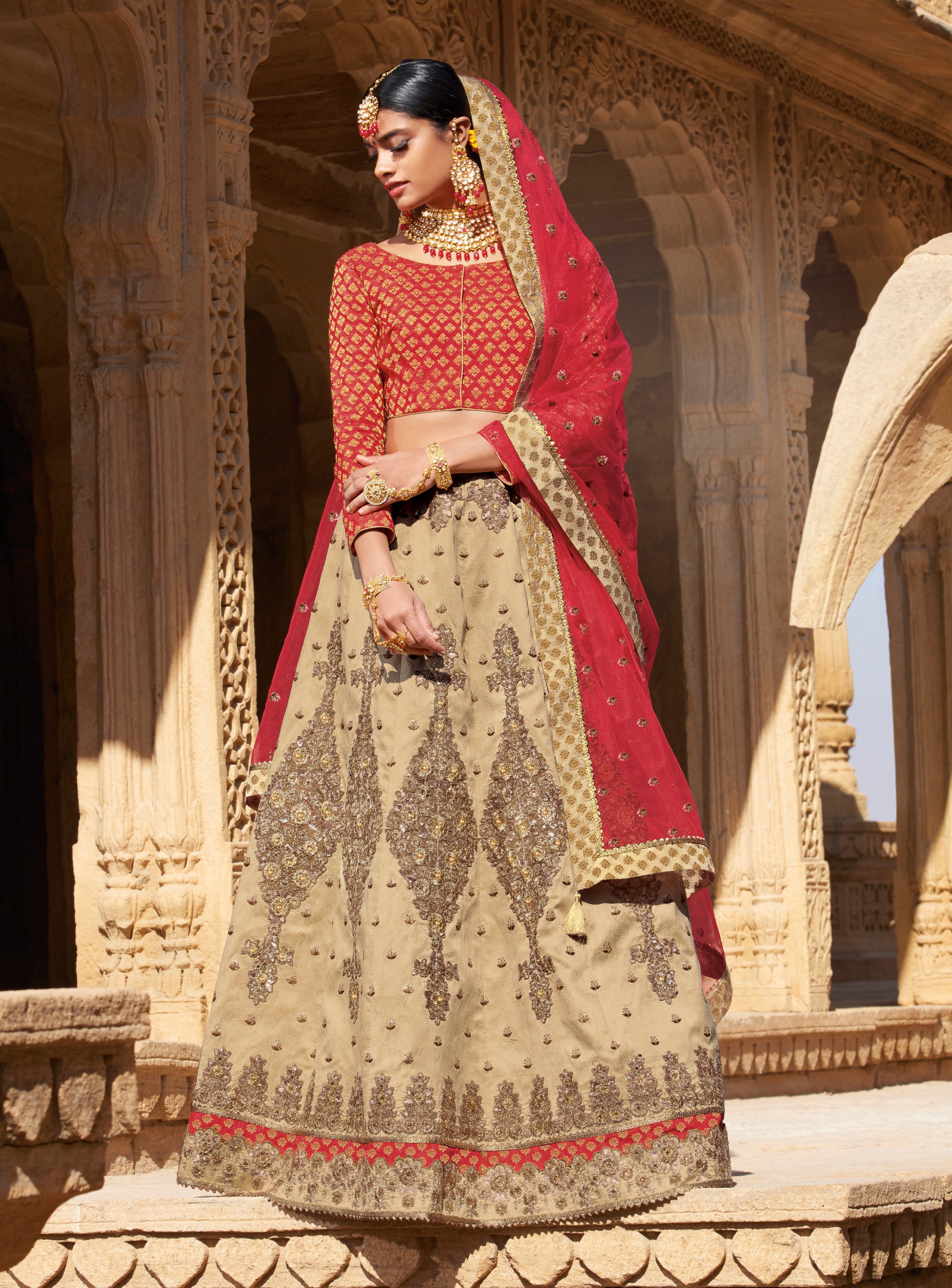 Laxmipati LH-006 Beige & Red Bridal Lehenga