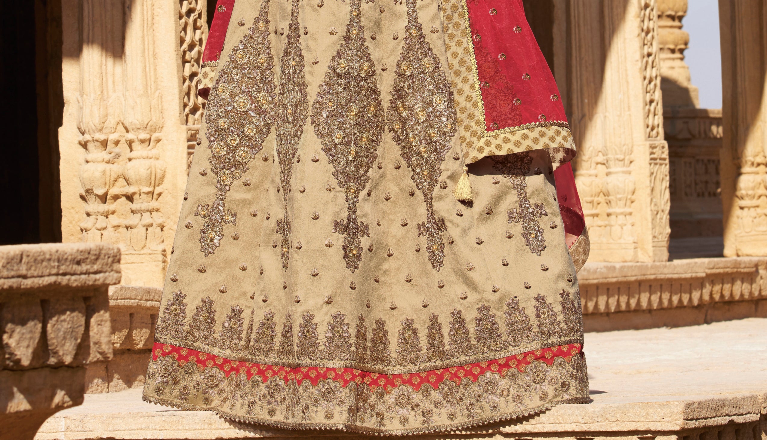 Laxmipati LH-006 Beige & Red Bridal Lehenga