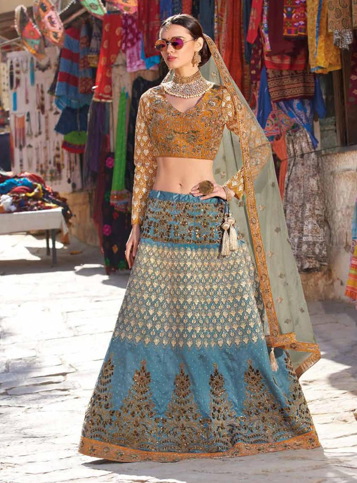 Laxmipati LH-044 Blue & Brown Fusion lehenga