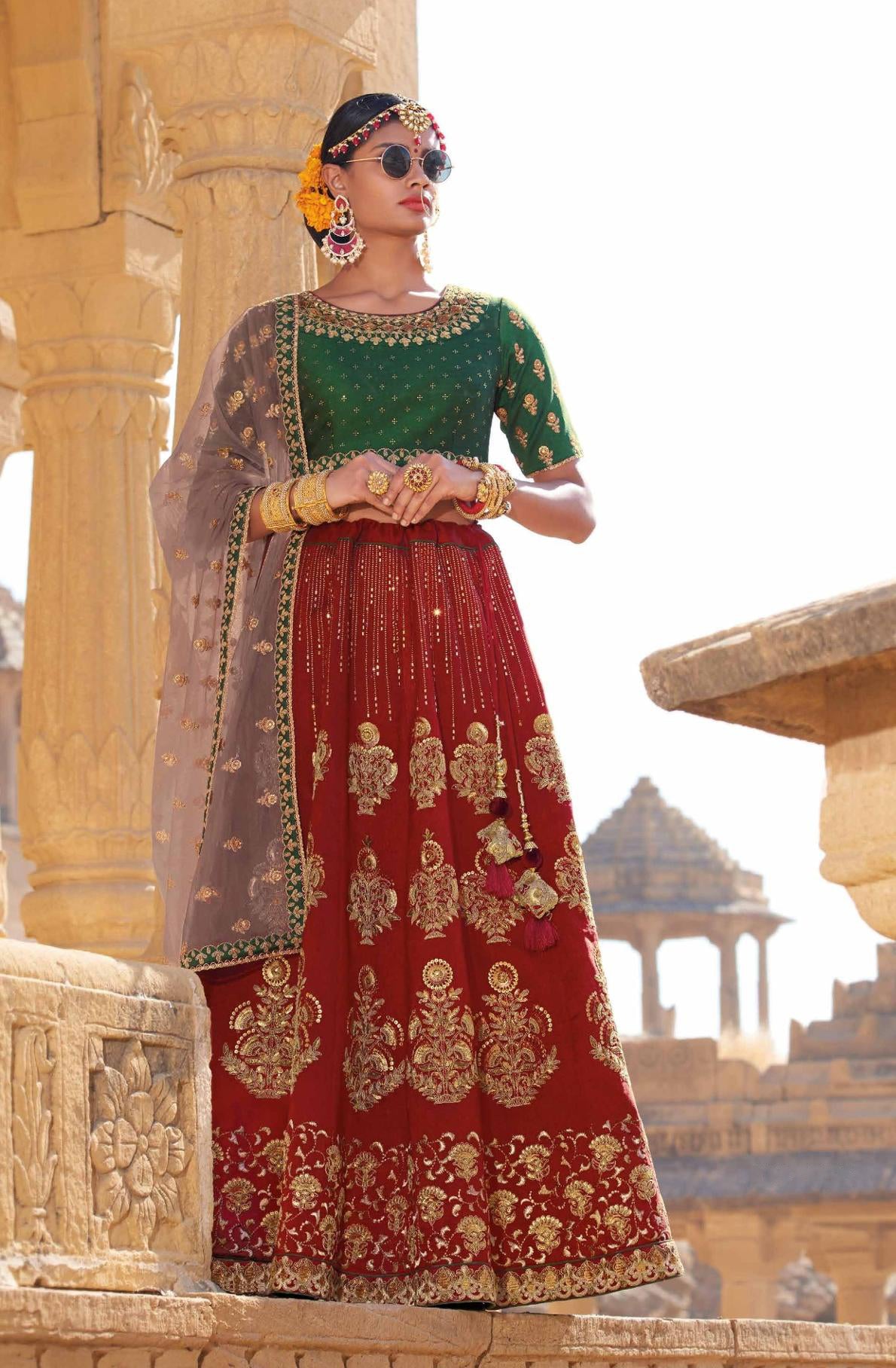 Laxmipati LH-056 Red & Green Wedding Lehenga