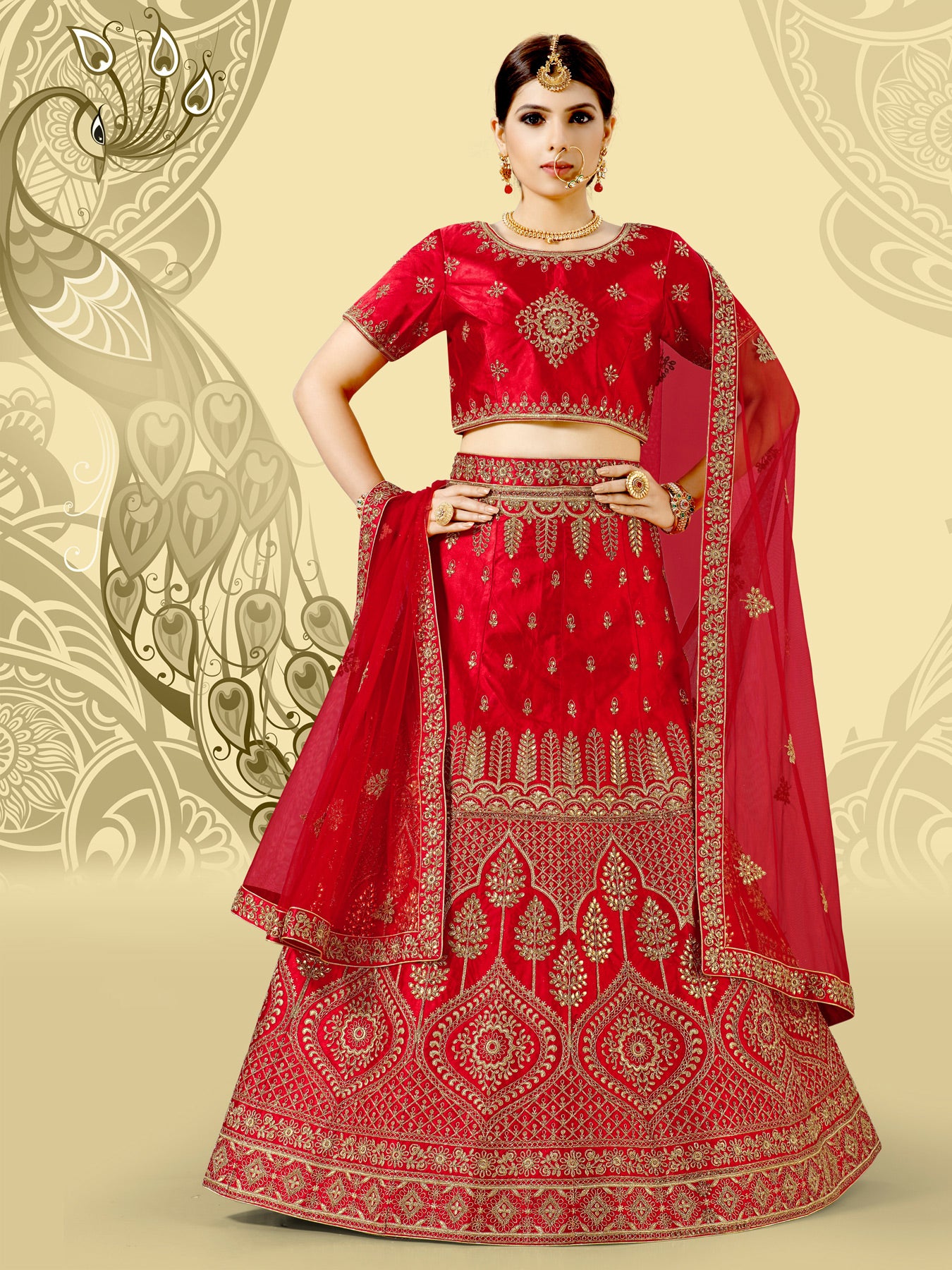 Laxmipati LH-085 Red Art Silk Semi Stitched Lehenga