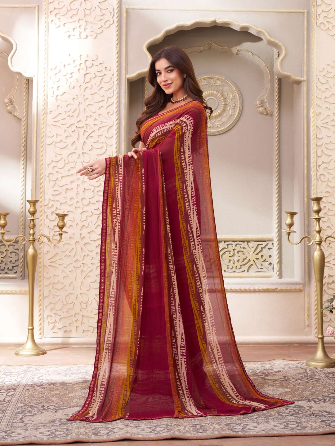 Laxmipati Limca Wine Georgette Geometric Printed Saree