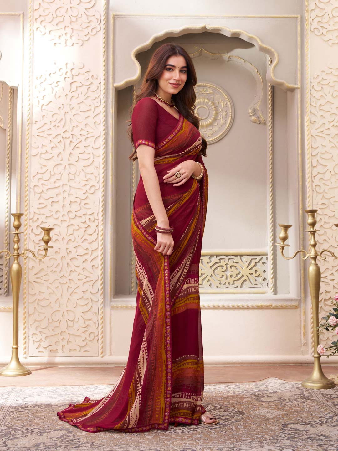 Laxmipati Limca Wine Georgette Geometric Printed Saree