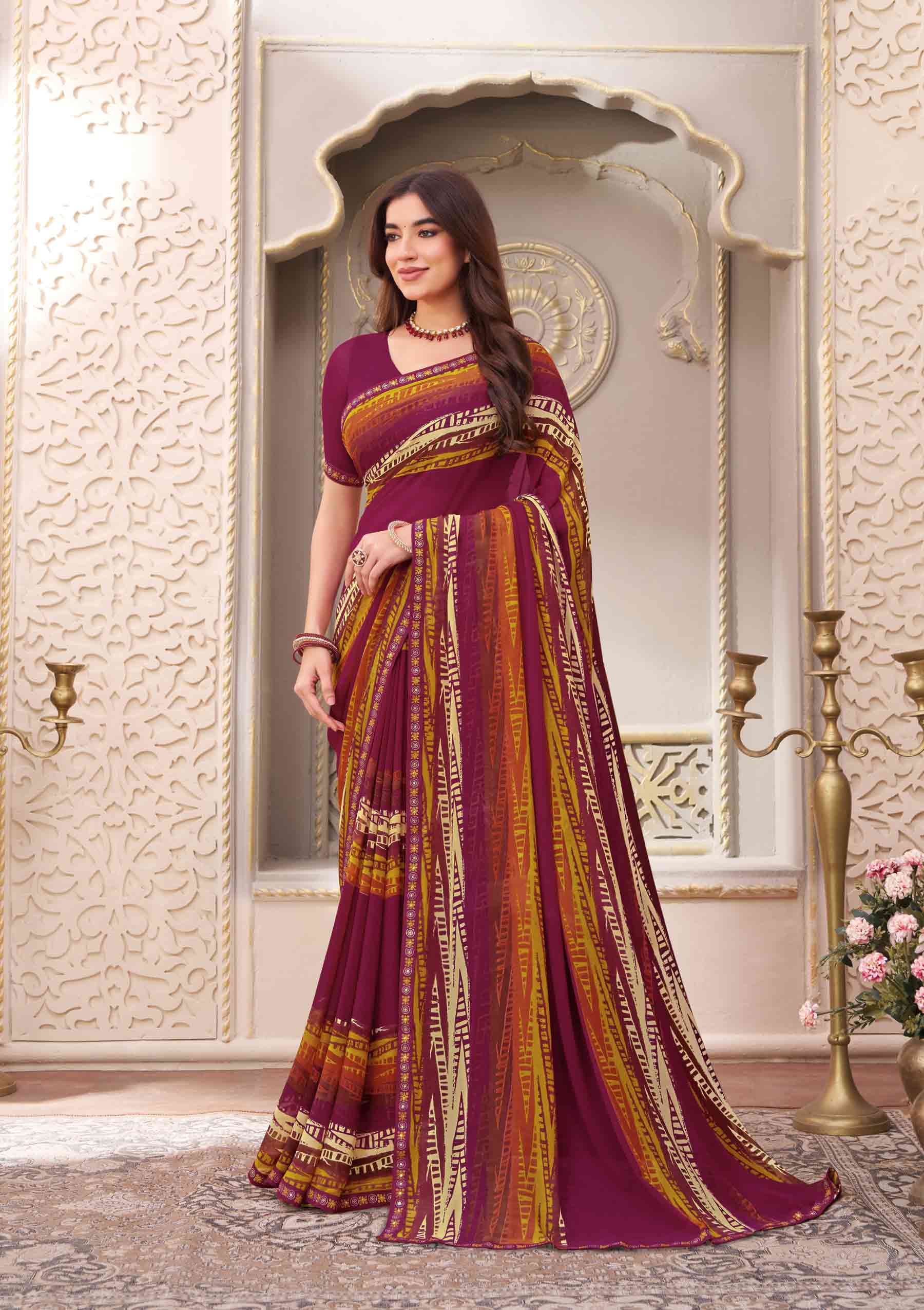 Laxmipati Limca Wine Georgette Geometric Printed Saree