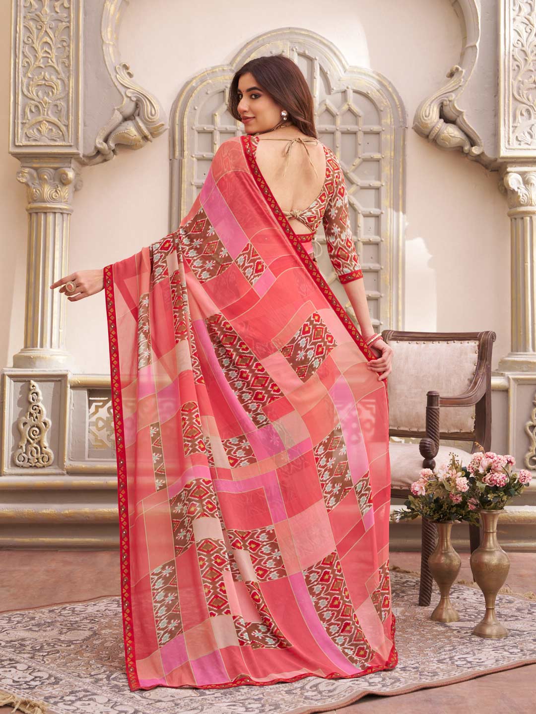 Laxmipati Limca Pink Georgette Geometric Printed Saree