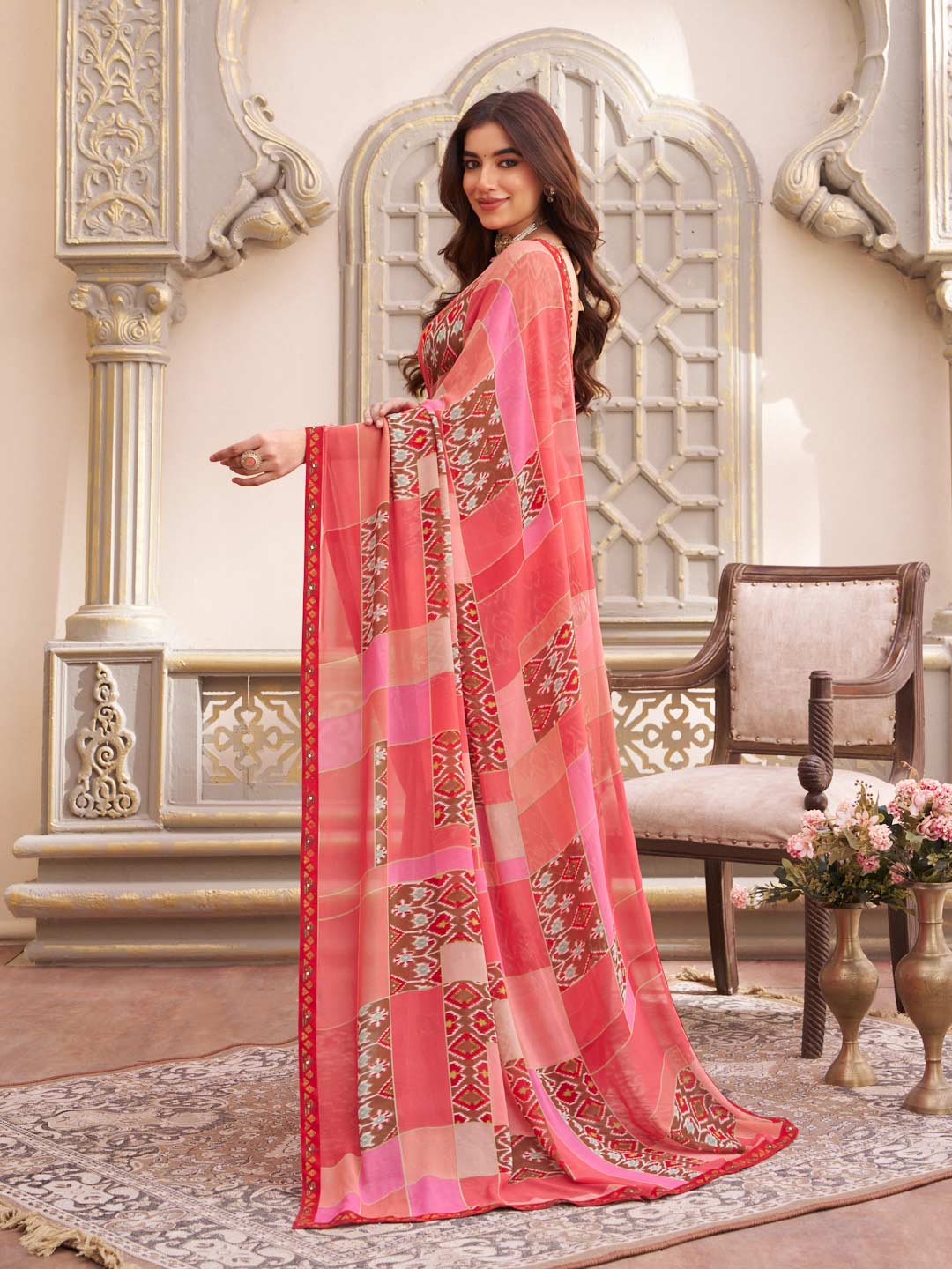 Laxmipati Limca Pink Georgette Geometric Printed Saree