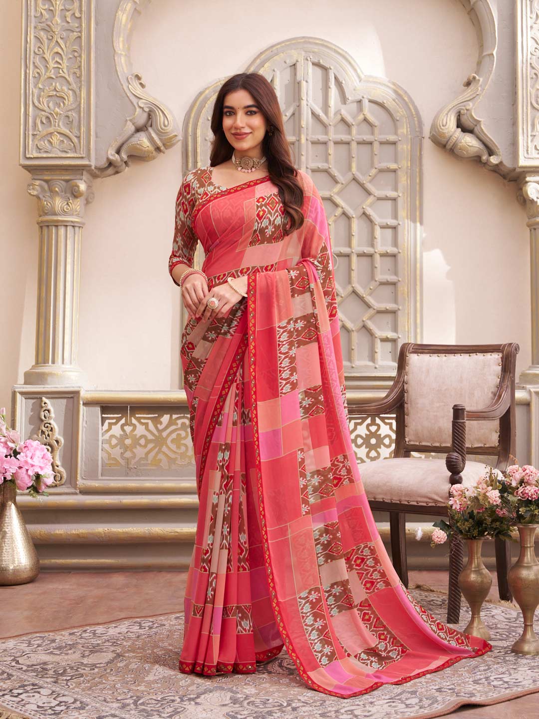 Laxmipati Limca Pink Georgette Geometric Printed Saree