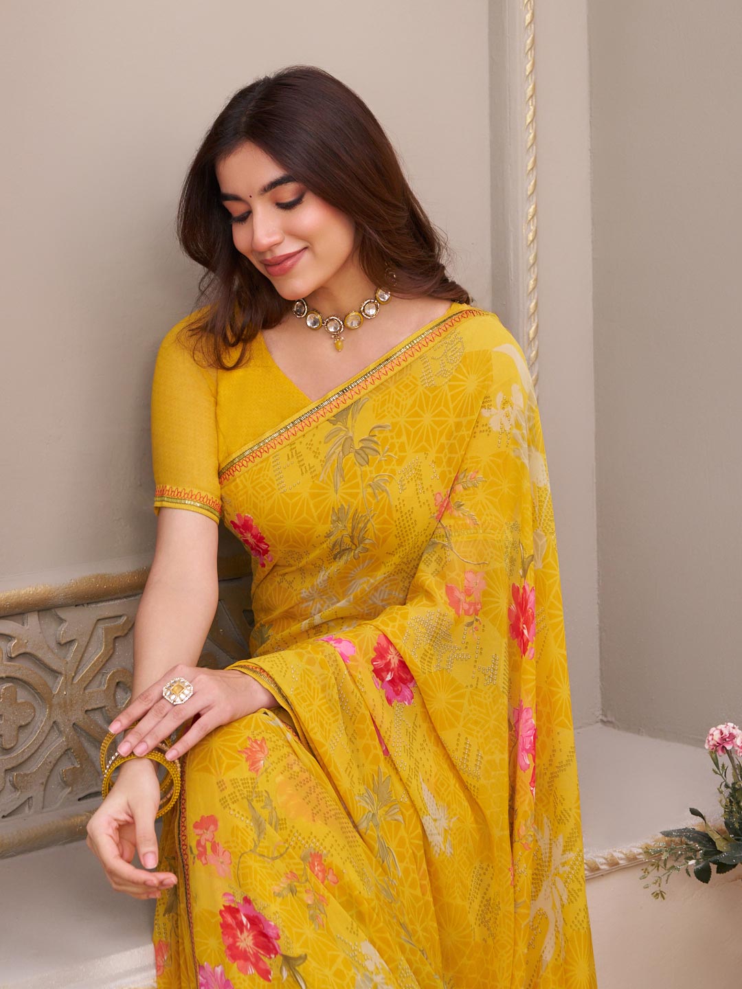 Laxmipati Limca Yellow Georgette Floral Printed saree