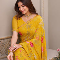 Laxmipati Limca Yellow Georgette Floral Printed saree