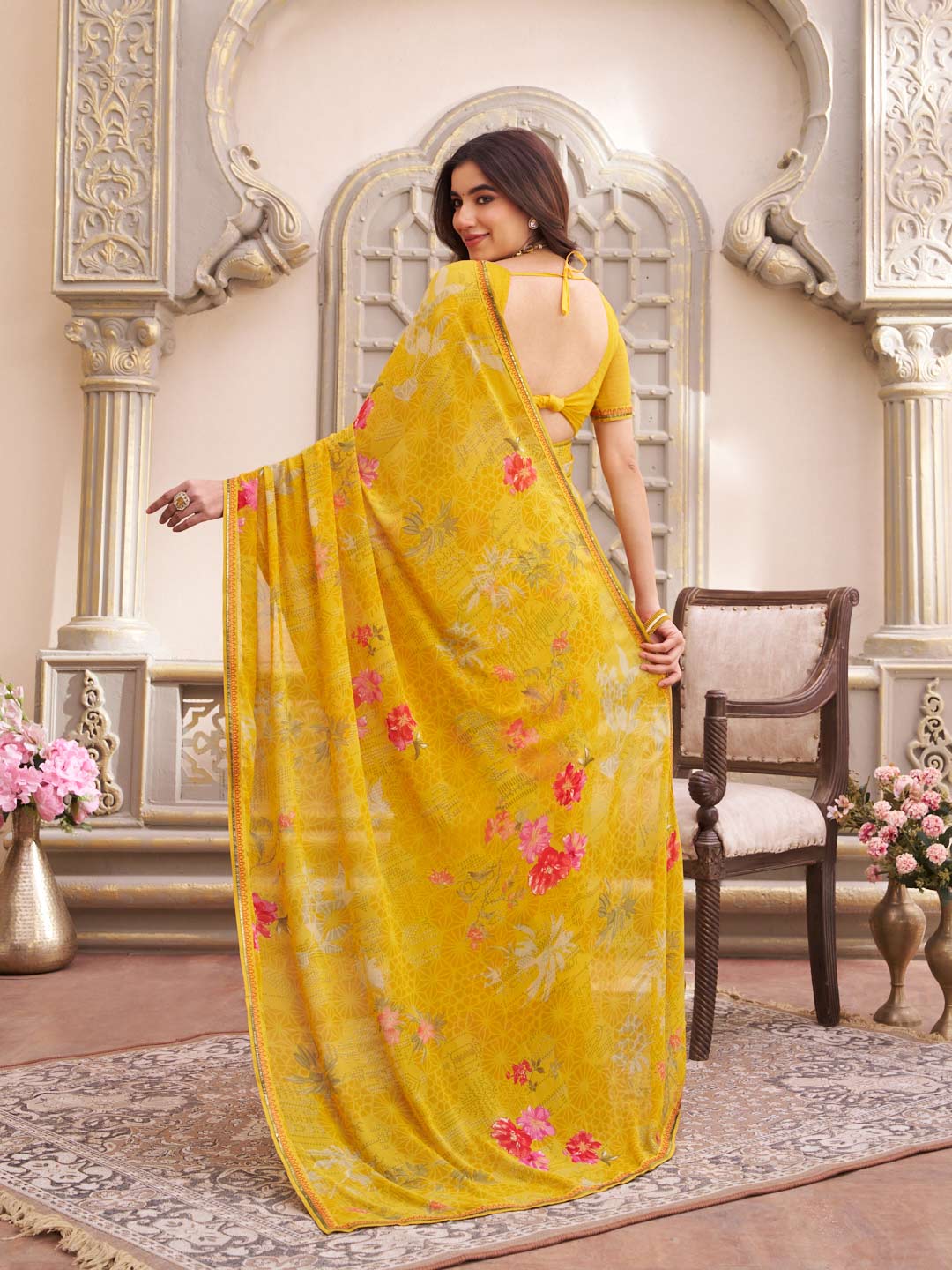 Laxmipati Limca Yellow Georgette Floral Printed saree