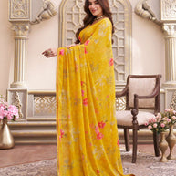 Laxmipati Limca Yellow Georgette Floral Printed saree