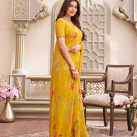 Laxmipati Limca Yellow Georgette Floral Printed saree