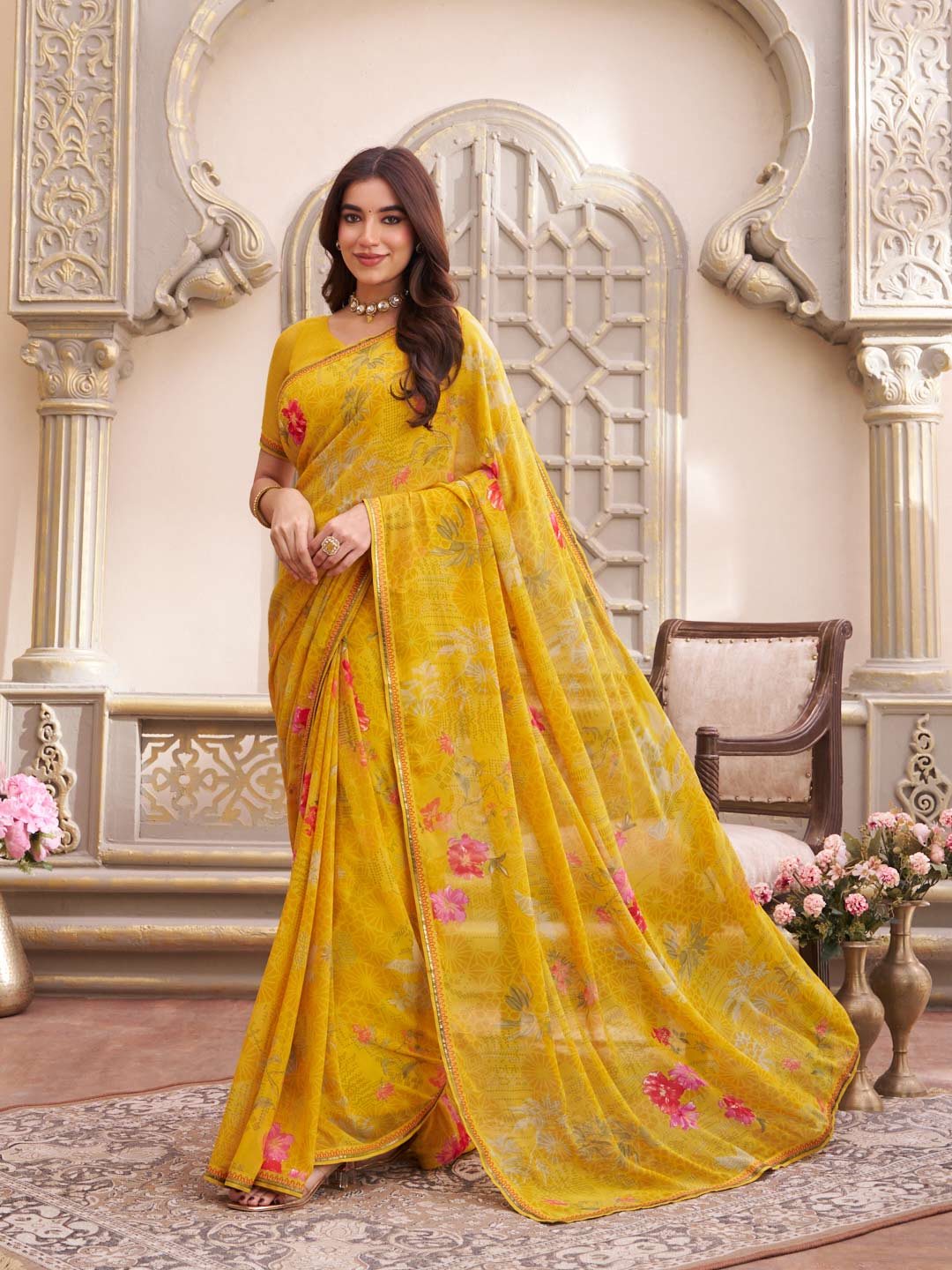 Laxmipati Limca Yellow Georgette Floral Printed saree