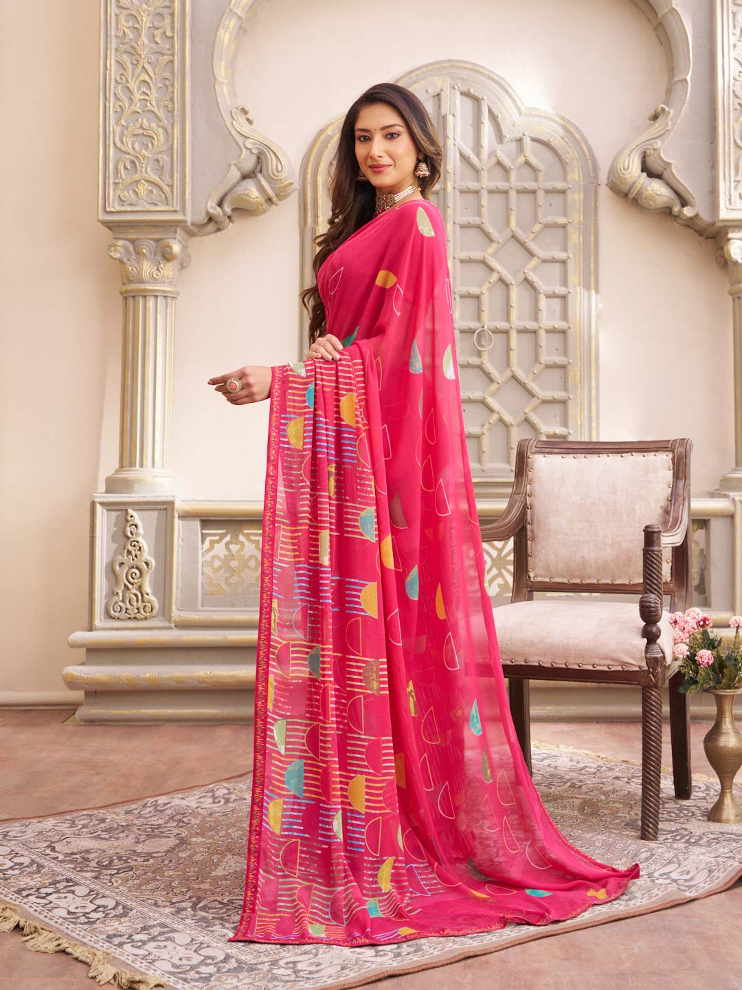 Laxmipati Limca Dark Pink Georgette Abstarct Printed Saree