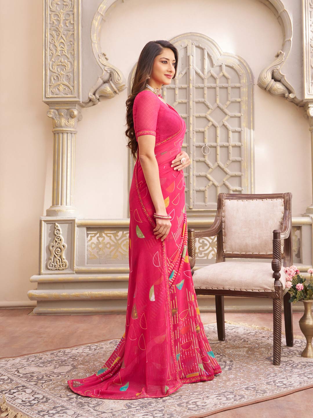 Laxmipati Limca Dark Pink Georgette Abstarct Printed Saree