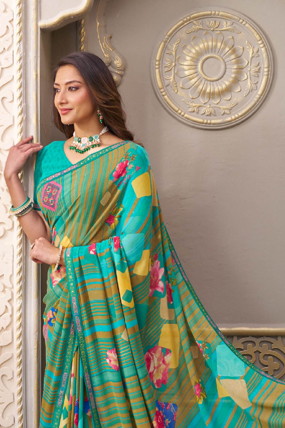 Laxmipati Limca Teal Green Georgette Geometric Printed Saree