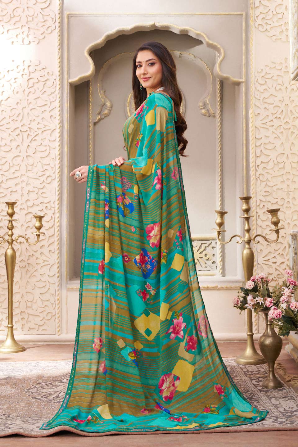Laxmipati Limca Teal Green Georgette Geometric Printed Saree