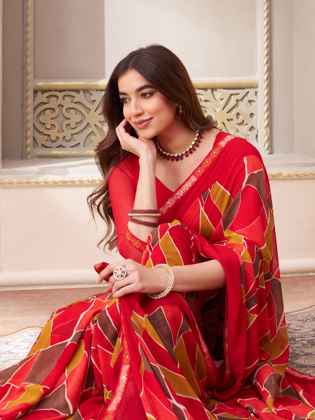 Laxmipati Limca Red Georgette Geometric Printed Saree
