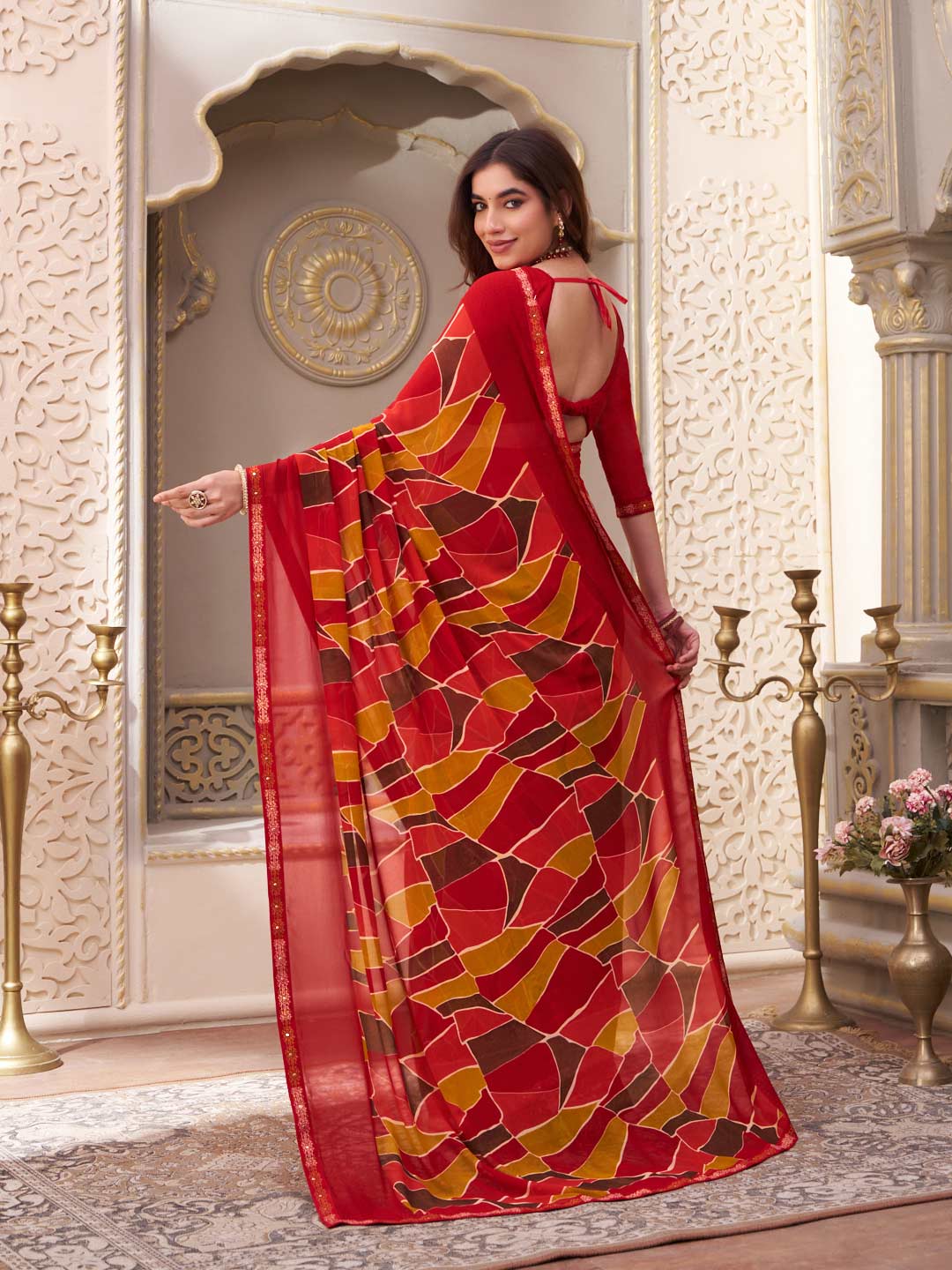 Laxmipati Limca Red Georgette Geometric Printed Saree