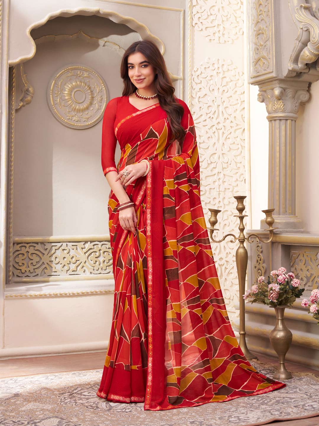 Laxmipati Limca Red Georgette Geometric Printed Saree