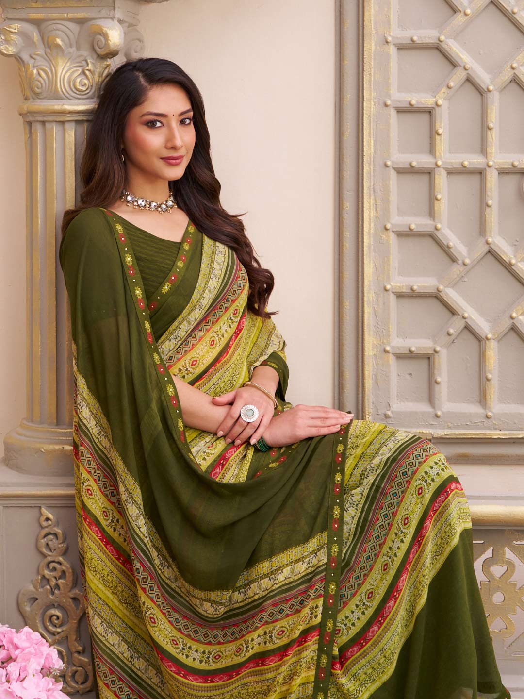 Laxmipati Limca Green Georgette Geometric Printed Saree