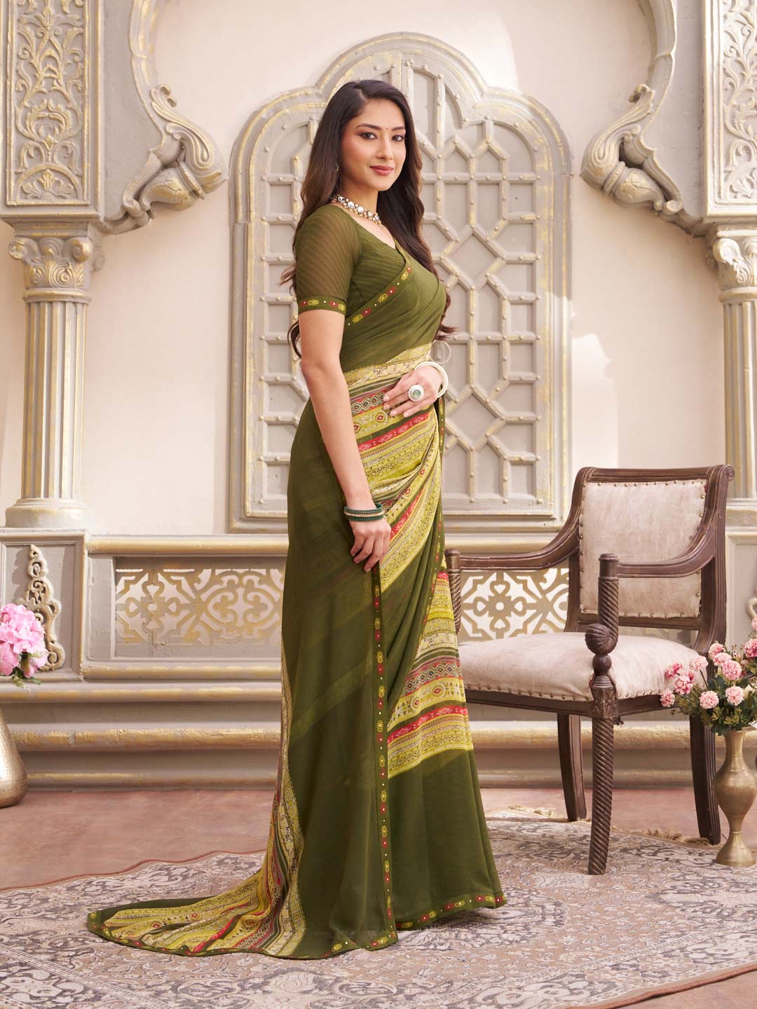 Laxmipati Limca Green Georgette Geometric Printed Saree