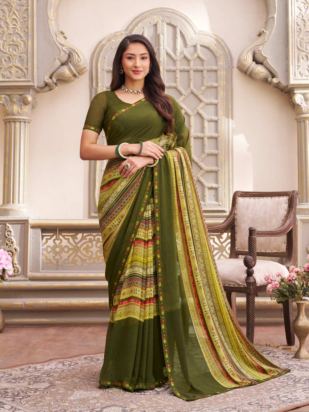 Laxmipati Limca Green Georgette Geometric Printed Saree