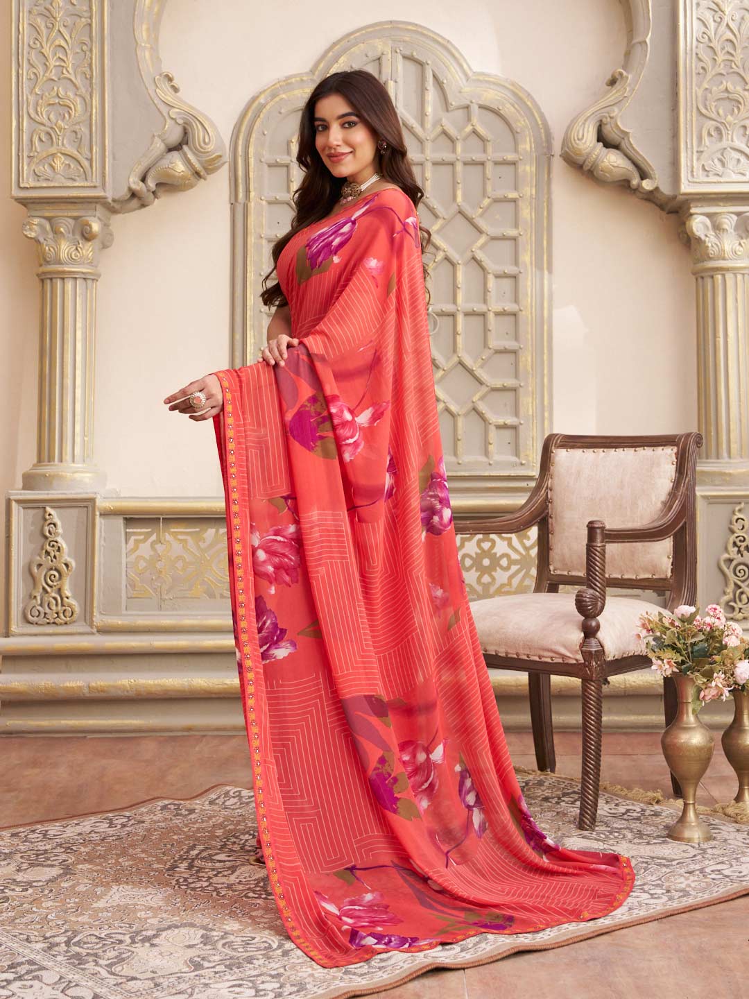 Laxmipati Limca Pink Georgette Floral Printed Saree
