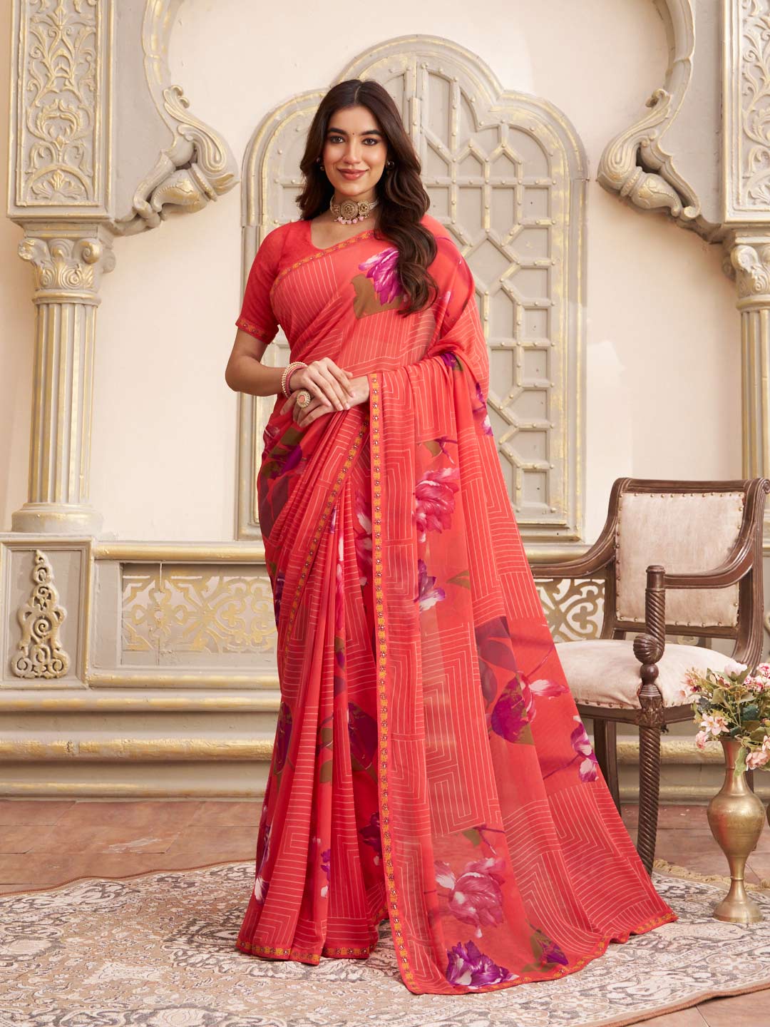 Laxmipati Limca Pink Georgette Floral Printed Saree