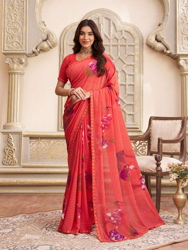 Laxmipati Limca Pink Georgette Floral Printed Saree