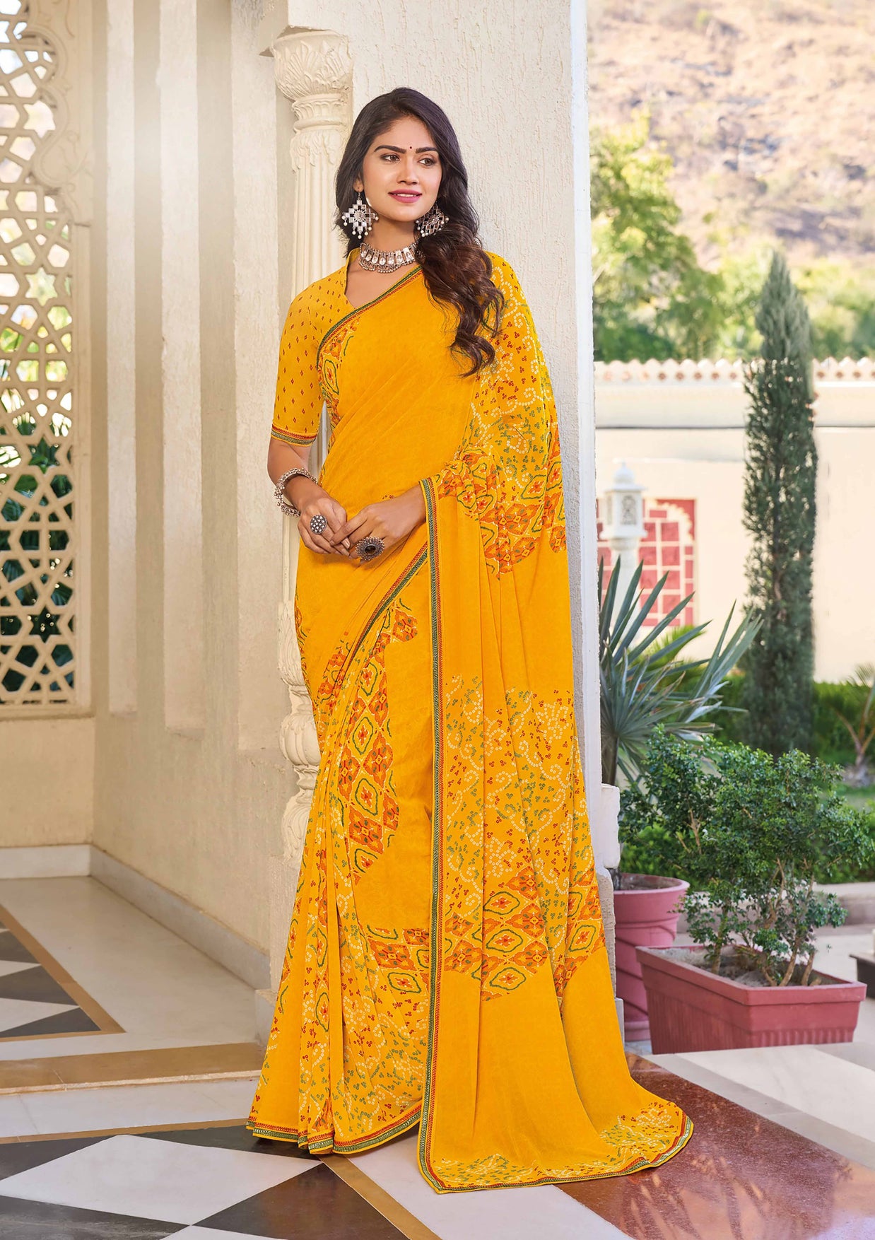 Mustard  Bandhani Printed Saree - Noori