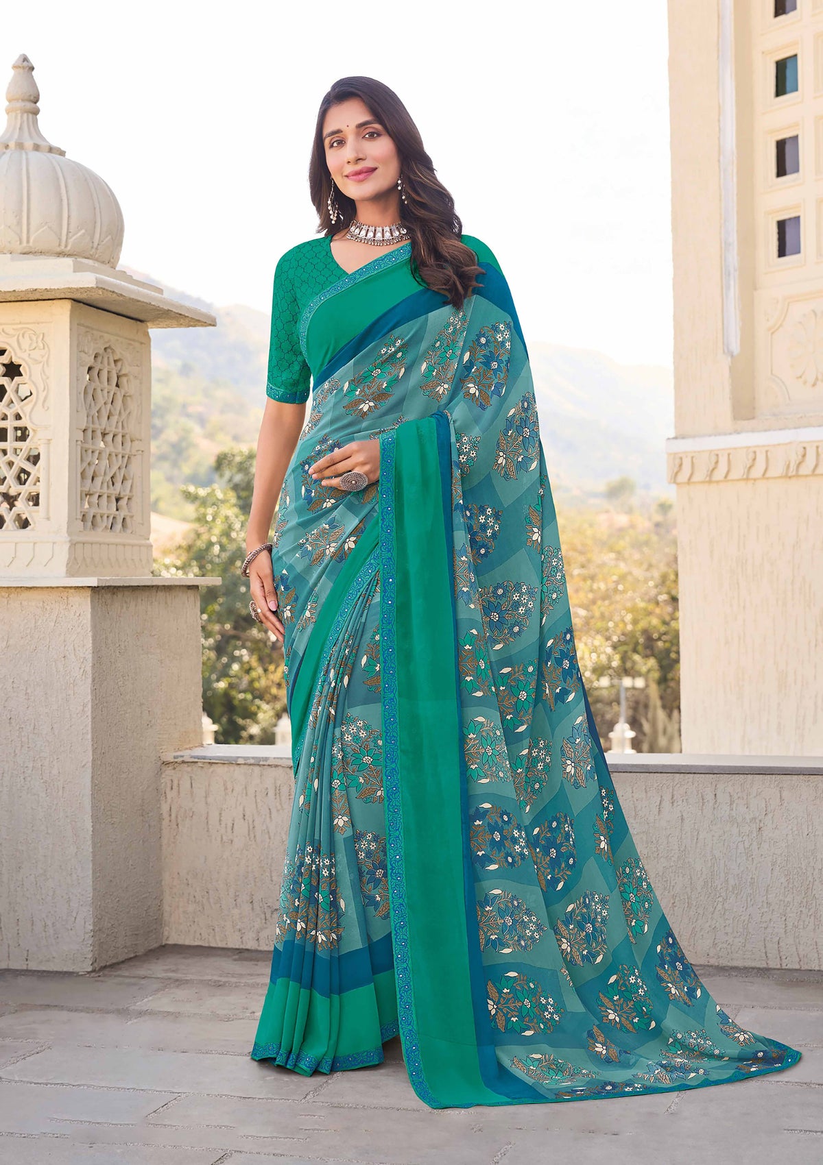 Teal Floral Printed Saree- Noori