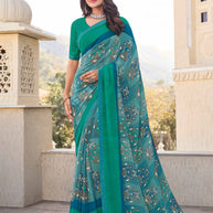 Teal Floral Printed Saree- Noori