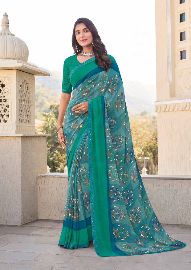 Teal Floral Printed Saree- Noori