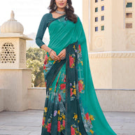 Blue Ombre Saree with Floral & Check Pattern - Noori