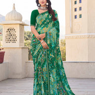 Green Multi-Tone Geometric Print Saree - Noori