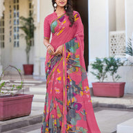 Pink Floral Print Saree - Noori