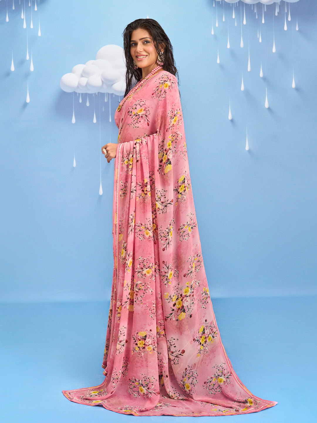 Laxmipati Sadhana Floral Printed Georgette Saree in Pink Color