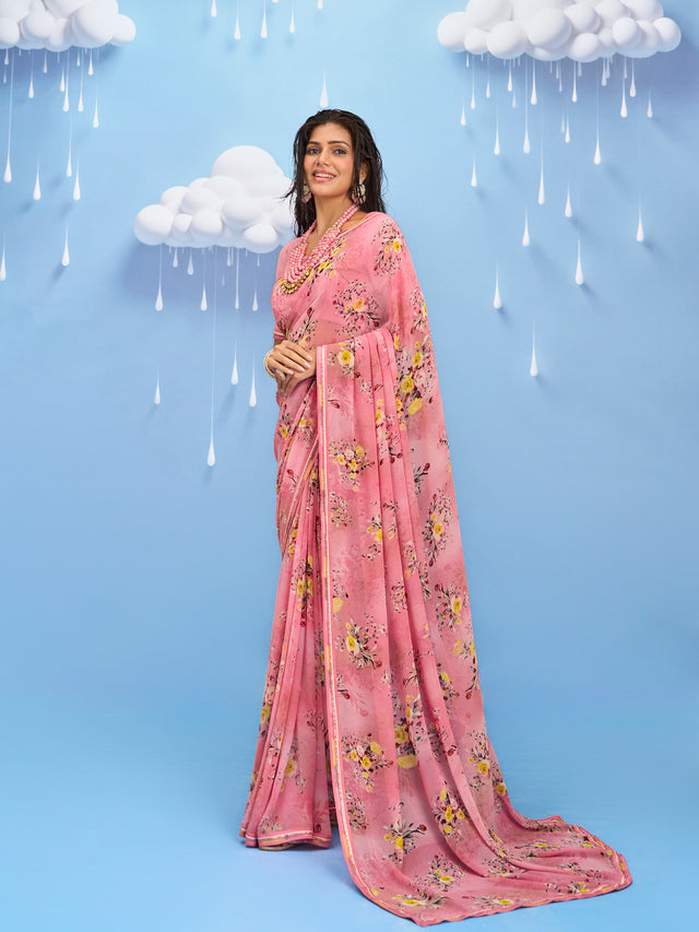 Laxmipati Sadhana Floral Printed Georgette Saree in Pink Color