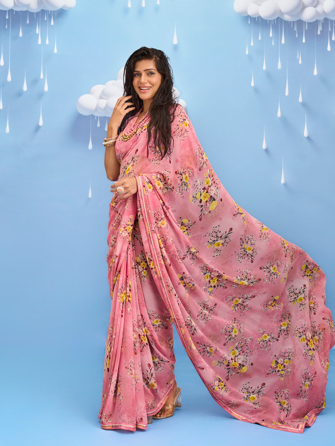 Laxmipati Sadhana Floral Printed Georgette Saree in Pink Color