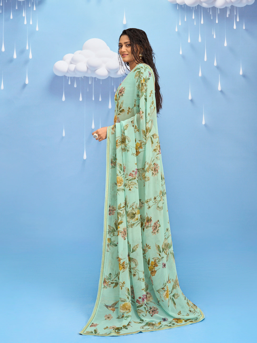 Laxmipati Sadhana Floral Printed Georgette Saree in Pastel Green Color