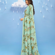 Laxmipati Sadhana Floral Printed Georgette Saree in Pastel Green Color