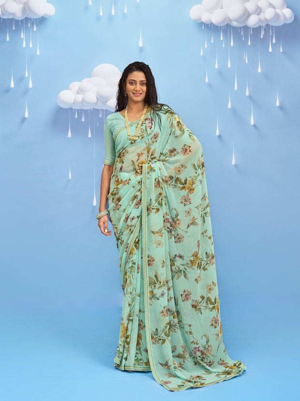 Laxmipati Sadhana Floral Printed Georgette Saree in Pastel Green Color