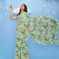 Laxmipati Sadhana Floral Printed Georgette Saree in Pastel Green Color